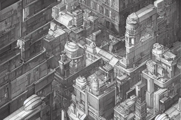 Prompt: isometric illustration of a city scape, highly detailed, digital pencil painting, sharp focus, illustration, art by artgerm and greg rutkowski and alphonse mucha