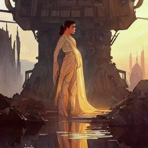 Image similar to a beautifull intricate watercolour painting of star wars scene, reflexions, verry high details by william turner art, greg rutkowski and alphonse mucha, trending on artstation, very very detailed, masterpiece, muted colors