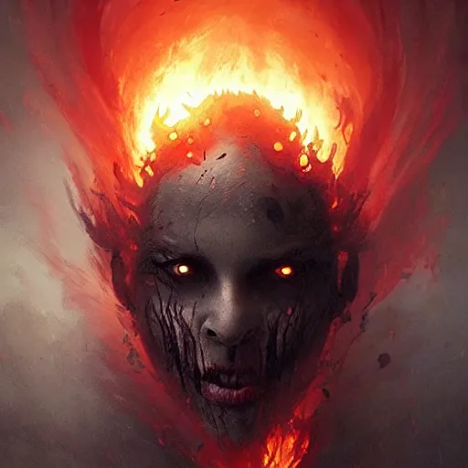 Image similar to a beautiful terrifying monster of ash and smoke, eyes and mouth glowing like burning embers. ethereal horror fantasy art by greg rutkowski