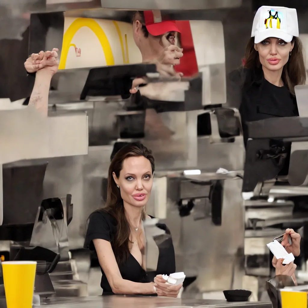 Image similar to Angelina Jolie working as a McDonalds cashier, macro, dramatic, HD