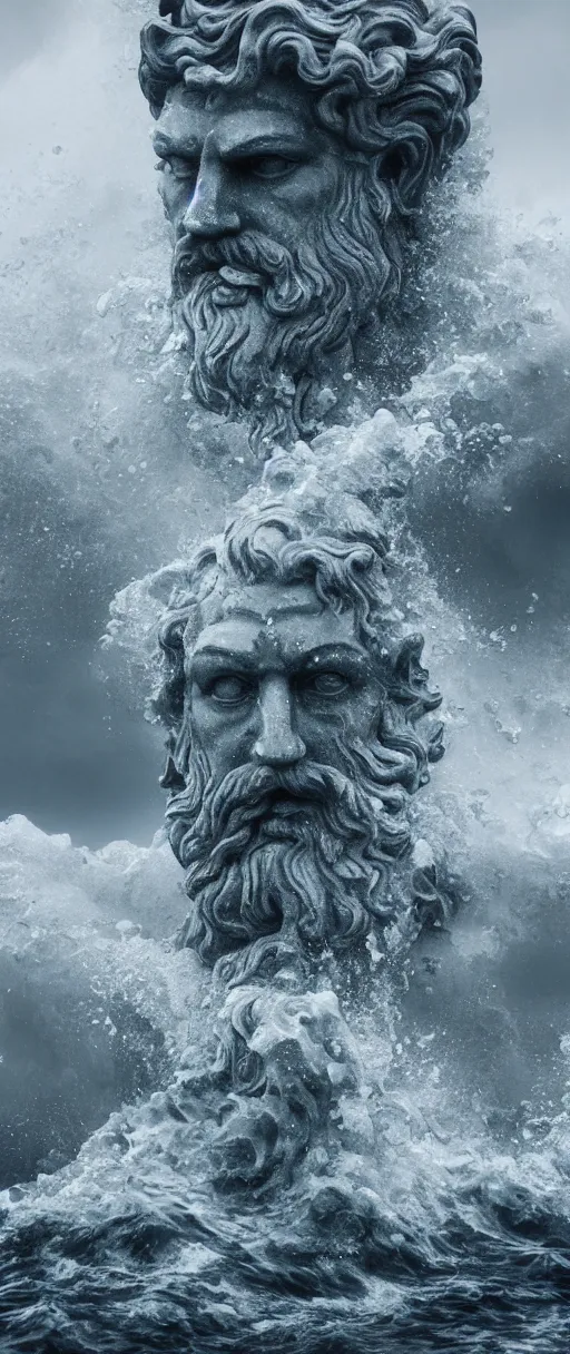 Prompt: stone bust of poseidon in the ocean, heavy waves, dark clouds, vivid, atmospheric, rainy, realistic, ultra detail, somber, hd, octane render, featured on artstation