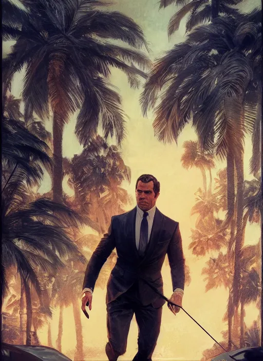 Image similar to portrait of henry cavill as james bond, key art, sprinting, palm trees, highly detailed, digital painting, artstation, concept art, cinematic lighting, sharp focus, illustration, by gaston bussiere alphonse mucha