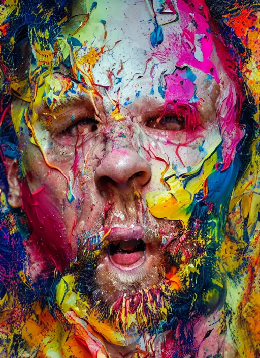 Prompt: abstract expressionist mid shot portrait of a man made of very thick impasto paint and acrylic pour and coloured powder explosion and splashing paint and dripping paint and flying paint chunks, eyes closed or not visible, expressing strong emotions, art by antony micallef, motion blur, hyperrealistic, intricate art photography, anatomically correct, realistic crisp textures, 1 6 k