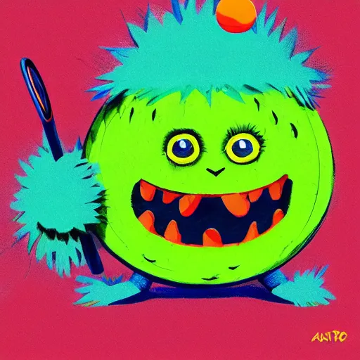 Prompt: a tennis ball monster ,tennis ball, tennis racket, colorful, digital art, fantasy, magic, trending on artstation, ultra detailed, professional illustration by Basil Gogos