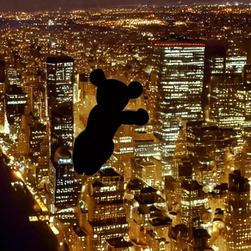 Prompt: teddy bear skydiving onto new york city at night, top down view