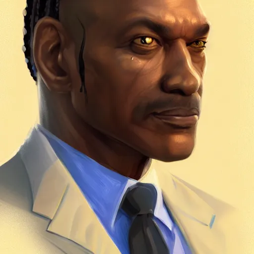 Prompt: a portrait of a muscular older black man with cornrows and a suit with a monocle on, D&D, sci-fi, elegant, hopeful, muscular, highly detailed, digital painting, artstation, concept art, smooth, sharp focus, illustration