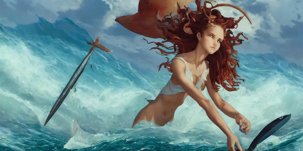 Image similar to close up of a beautiful shark tooth girl holding a trident on the horizon, model pose, slightly smiling, big wave, big whale fighting against sharks on the background, by peter mohrbacher and makoto shinkai and ferdinand knab