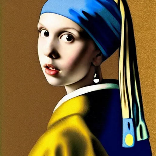 Prompt: Millie Bobby Brown with the pearl earring by Johannes Vermeer