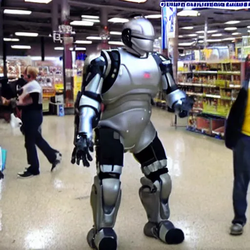 Prompt: robocop slow motion punching obese people in walmart h - 5 1 2 w - 7 2 0