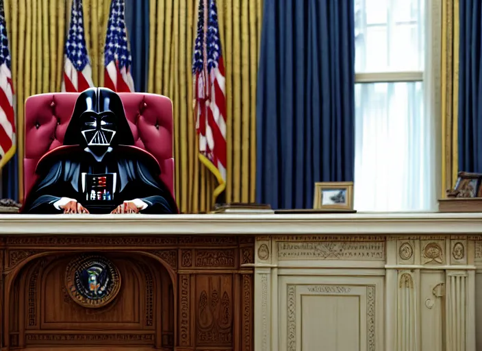 Image similar to film still of Darth Vader is president of the United States sitting in the Oval Office in the new Star Wars movie, 4k