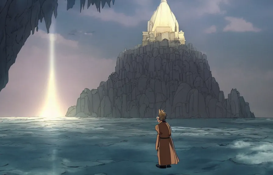 Image similar to a movie still from howl's moving castle ( 2 0 0 4 ). realistic cell - shaded cartoon of a monk in a grey robe in the background is a white pristine pyramid in the ocean. shafts of sunlight come from above. wide shot, very dull muted colors, hd, 4 k, hq