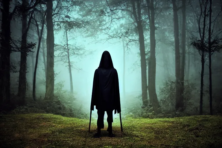 Image similar to a close shot of a grim reaper standing in a forest, detailed, style of flooko, mythical, mist, depressing, tired, dark, lush, nature, mist, mystery, glows, somber, dismal, fog, heavy fog, dark lighting, rim light, glow, ambient light, cybernetic, sci-fi,