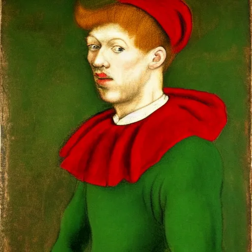 Prompt: a renaissance style full body portrait painting of an extremely muscular red haired man, wearing all green clothes, a crown, and green cape, dark background. In the style of Degas.
