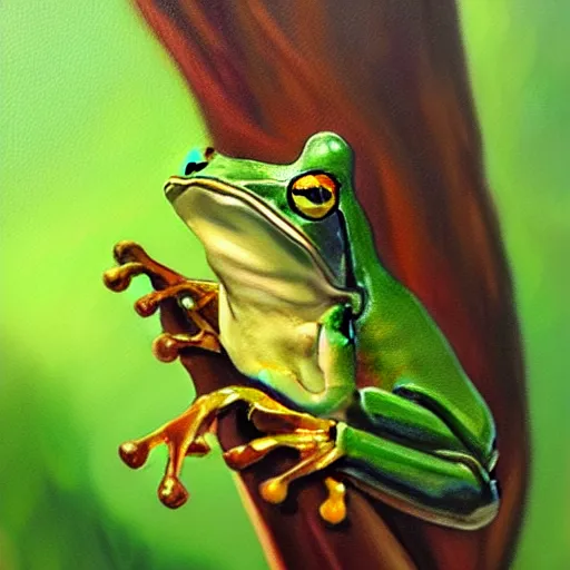 Image similar to beautiful oil painting of frog on a tree, sunlight, award - winning, matte,