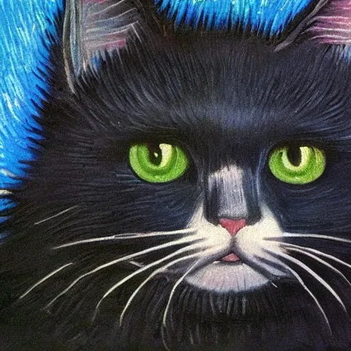 Prompt: close - up, black. realistic. cat. with a long, fluffy. sparkly. wool. he stands on his hind legs. in a long black coat and a long black coat. winks with his eye.. fantasy background. an image in the style of van gogh. clear details. the oil painting is a masterpiece.