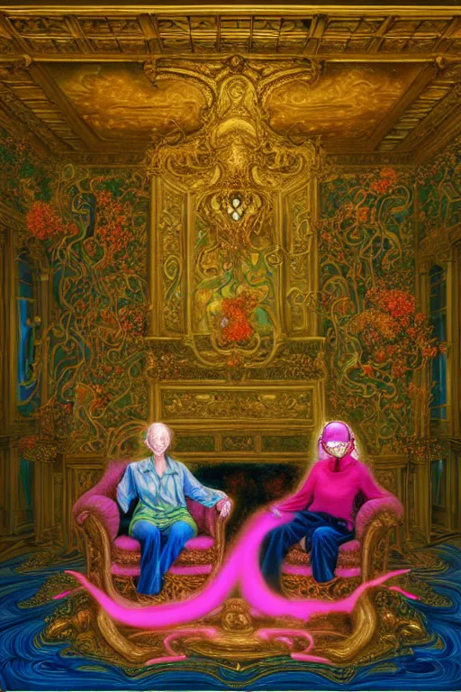 Prompt: Two skinny old people draped in silky gold, green and pink, gas masks connected to heart bypass machines, inside an ornate room, they sit next to a fireplace with swirling blue flames, Ayami Kojima, mark brooks, hauntingly surreal, highly detailed painting by Mariko Mori, part by James Jean, part by Gerhard Richter, Soft light 4K