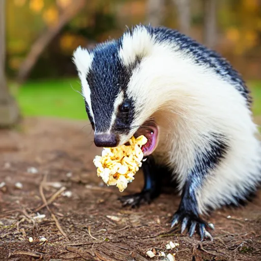 Prompt: badger eating popcorn, professional photography