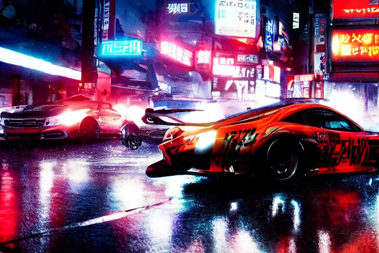 prompthunt: tokyo drift fast and furious film still, racing on wet city  street at night, hyper detailed, forza, smooth, need for speed, high  contrast, volumetric lighting, synthwave, octane, george miller, jim lee