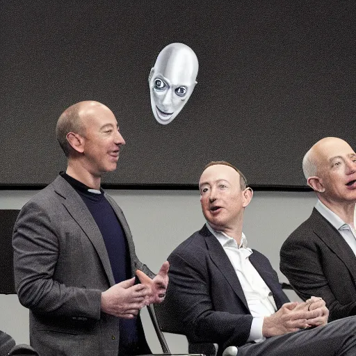 Prompt: mark zuckerberg, jeff bezos, and elon musk in a class learning how to be human beings and the class is bring taught by a space alien, 4 k, hyper realistic photo