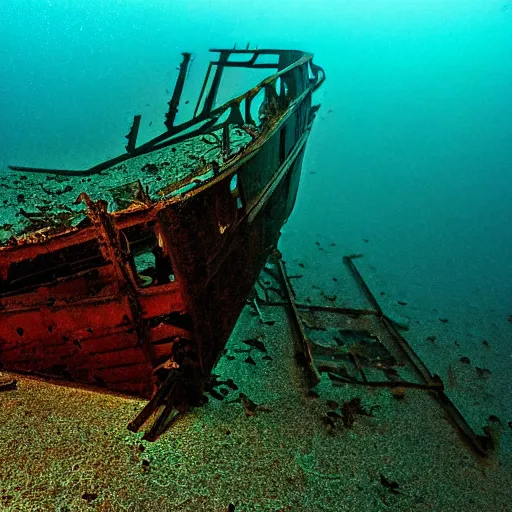 Prompt: shipwreck underwater : : natural lighting : : 1 telescope lens : : 1 james gurney : : 1 neon blue color : : 1