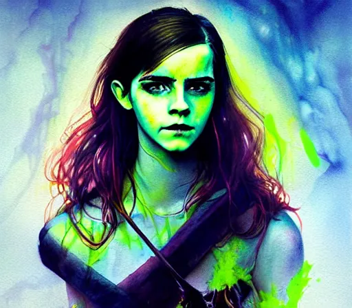 Image similar to a Demon Slayer portrait of Emma Watson , tall, pale-skinned, and slender woman with lime green eyes and long eyelashes by Stanely Artgerm,Tom Bagshaw,arthur adams,Carne Griffiths,trending on DeviantArt,street art,face enhance,chillwave,maximalist,full of color,glittering