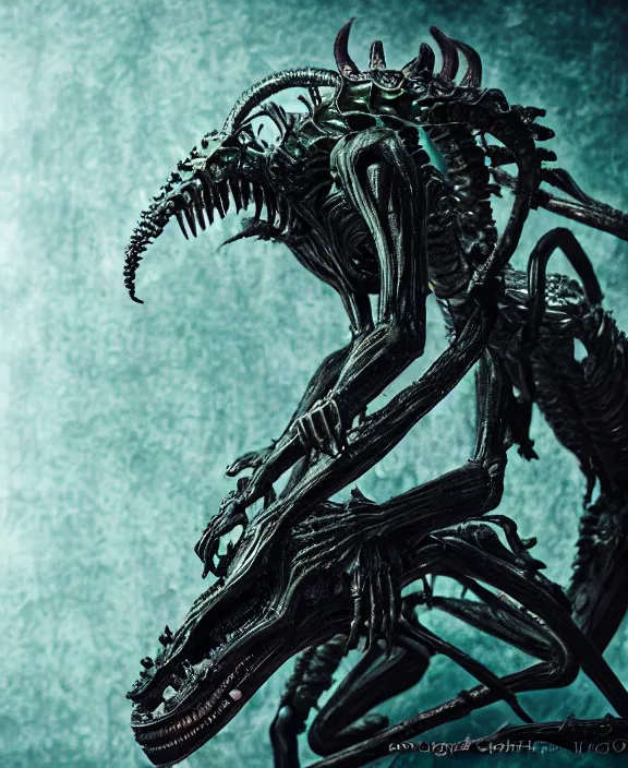 Image similar to xenomorph queen goth model hybrid, dragon eggs, dark emerald mist colors, giger background liminal void, cinematic lighting, realistic, award winning photograph, various refining methods, micro macro autofocus