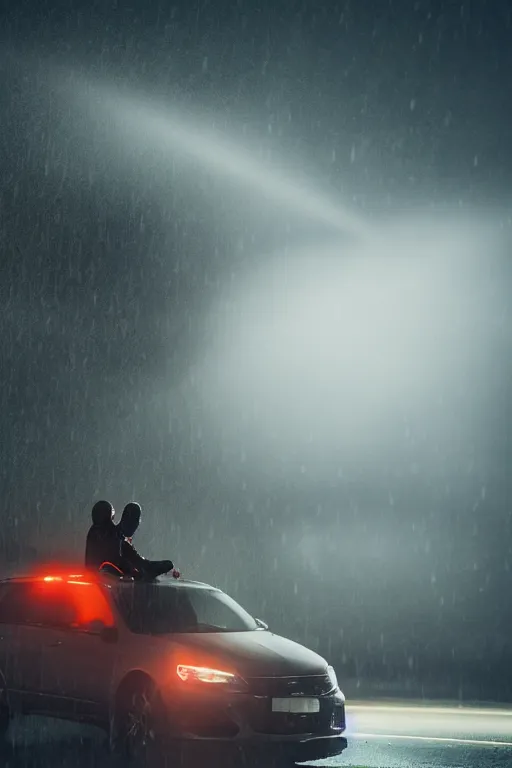 Image similar to Photo of a man sitting on the car roof in the heavy rain at the city that sank , outdoor lighting, dynamic lighting, volumetric, wide angle, anamorphic lens, go pro, 4k