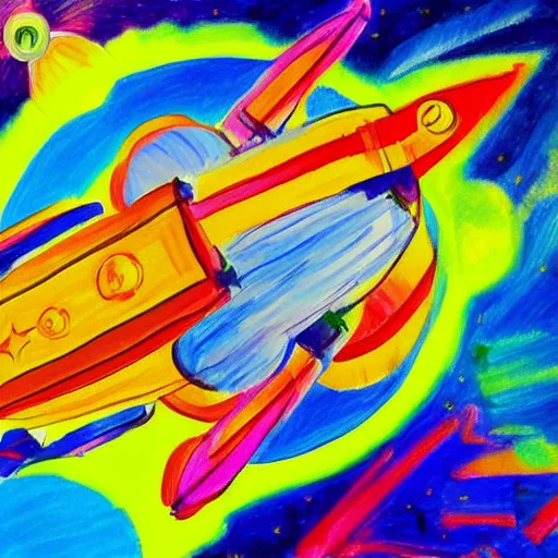 Prompt: a painting of a rocket ship flying through space, a child's drawing by Peter Max, behance contest winner, space art, behance hd, photoillustration, childs drawing