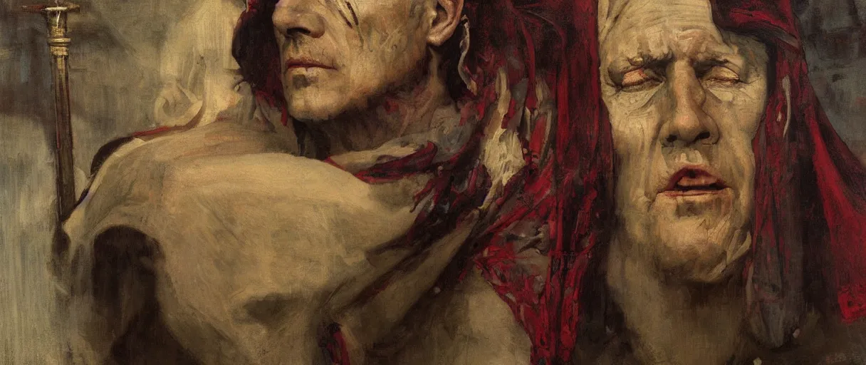 Image similar to the end is near. a tired julius caesar is sitting on a throne. face is highly detailed. splices of red are running down his toga. mist. close - up shot. dark background. soft light. imagined by jeremy lipking and alphonse mucha