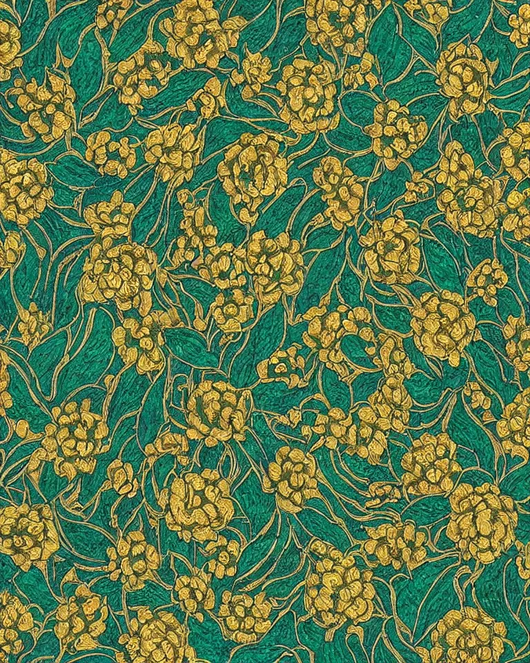 Prompt: “extreme close up print of a flowing ornamental pattern featuring emeralds and gold flowers by Raphael, Hopper, and Rene Magritte.”