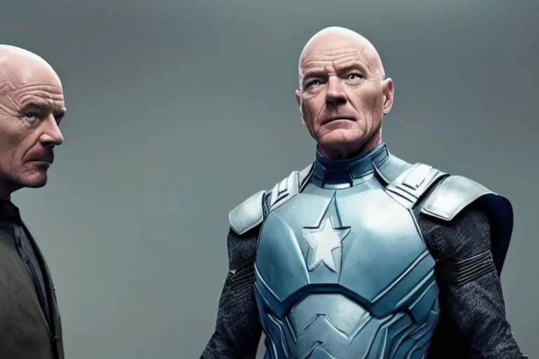 Prompt: promotional image of bald Bryan Cranston as a new superhero called Meth-Man in Avengers: Endgame (2019), icy blue plate armor, stern expression, movie still frame, promotional image, imax 70 mm footage