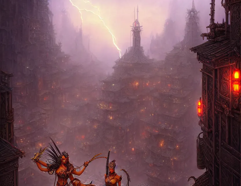 Image similar to you and a tana'ri warrior standing together on the balcony of the planescape city named sigil, crowded street below, beautiful digital painting in the style of wlop, volumetric lightning, intricate details, ultra realistic, by art germ, by gerald brom, fantasypunk, deep colors, amazing d & d art, trending cgsociety, artstation, sharp