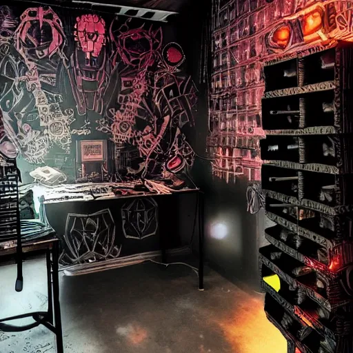 Image similar to cyberpunk hellraiser room of a tattoo artist in the futur dark