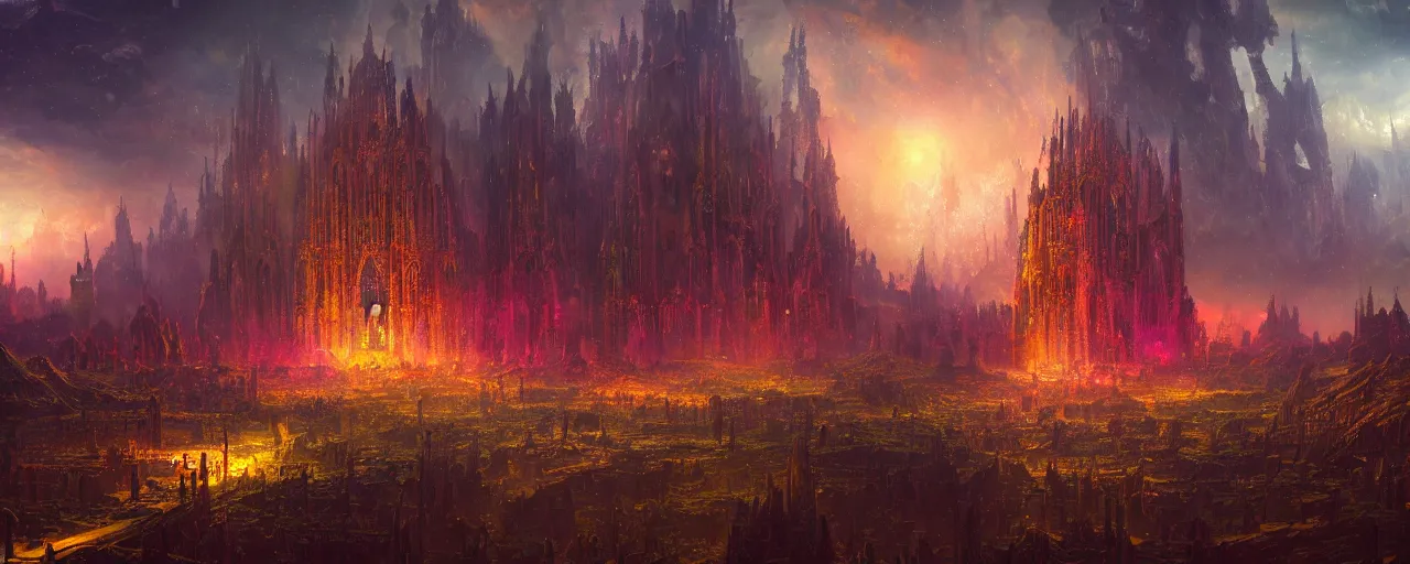 Prompt: ” otherworldly landscape with an epic cathedral, [ by paul lehr, cinematic, detailed, epic, widescreen, opening, establishing, mattepainting, photorealistic, realistic textures, octane render ] ”