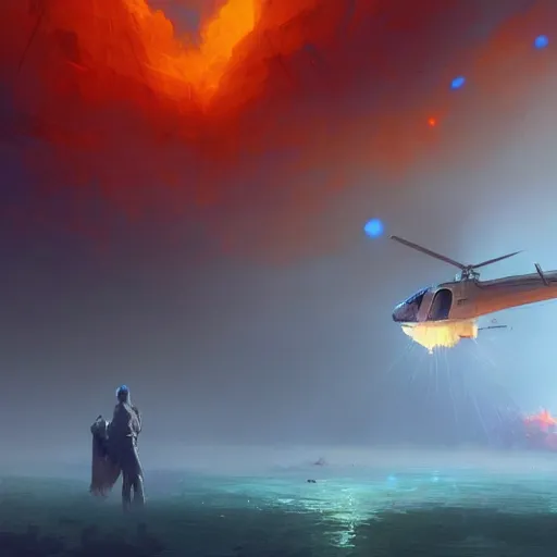 Prompt: a spy doing his mission flying in a helicopter while explosion in the background particles dusty explosion fog made by ivan aivazovsky, peter mohrbacher, greg rutkowski volumetric light effect broad light oil painting painting fantasy art style sci - fi art style realism premium prints available artwork unreal engine