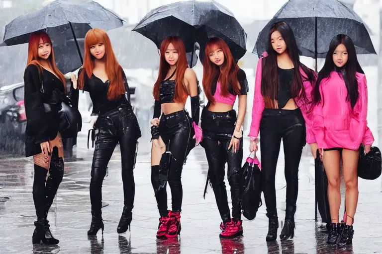 Prompt: blackpink celebrities posing in the rain