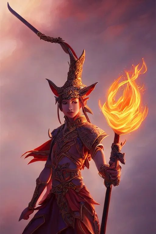 Image similar to a masterpiece portrait of nezha, young elf prince holding spear, flame everywhere, epic pose, fantasy character portrait, closeup shot, hyper detailed, digital painting, 8 k realistic, trending on artstation, sharp focus, dof, by fenghua zhong, artgerm, ne zha from smite, jeff easley, raymond swanland