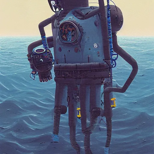 Image similar to Armored diving suit in the deep sea, by Simon Stalenhag