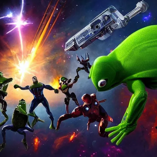 Prompt: the avengers battle one kermit the frog in space, galaxy, hd, 8 k, explosions, gunfire, lasers, giant, epic, showdown, colorful, realistic photo, unreal engine, stars, prophecy, epic oil painting, powerful, diffused lighting, destroyed planet, debris, justice league, movie poster, violent,