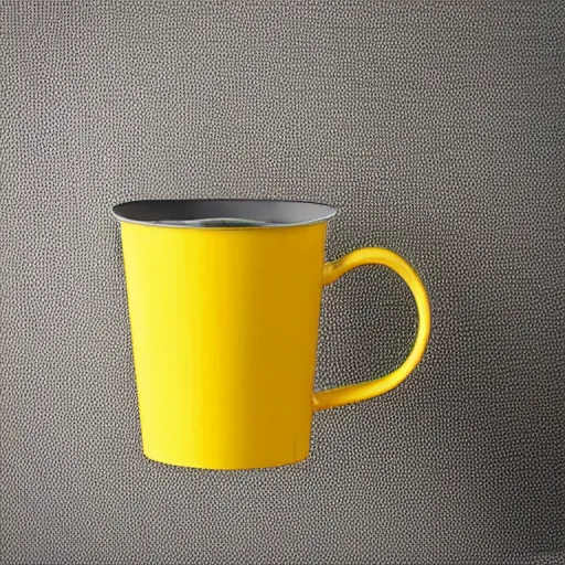 Image similar to yellow coffee mug is made of aluminium, steamy coffee on mug, mug looks similar to a rimowa portmanteau with handle