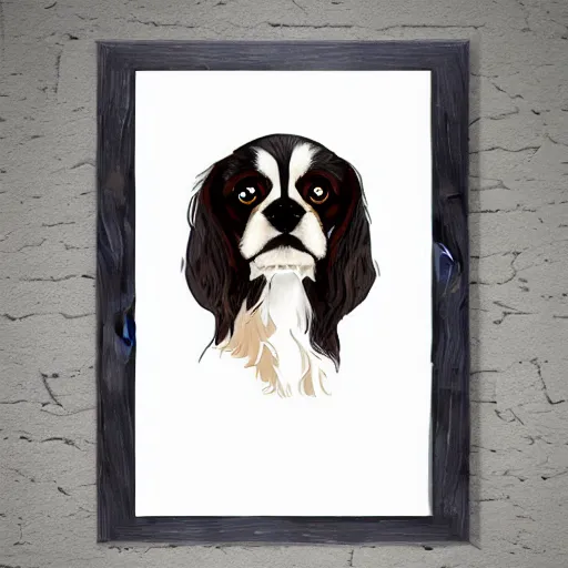 Image similar to black cavalier king charles spaniel in the style of mucha