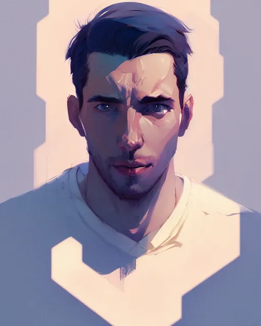 Image similar to portrait of beautiful 3 0 years old man by atey ghailan, by greg rutkowski, by greg tocchini, by james gilleard, by joe fenton, by kaethe butcher, dynamic lighting, gradient light blue, brown, blonde cream and white color scheme, grunge aesthetic