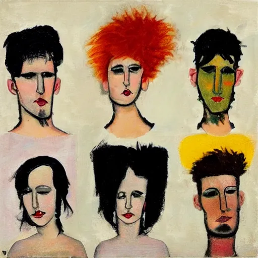 Image similar to a punk rock band in the style of modigliani