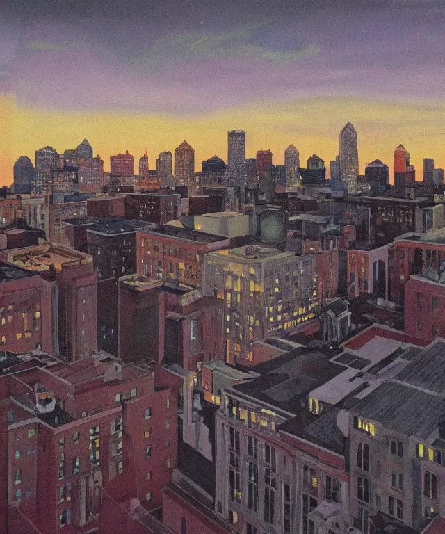 Prompt: horrifying full color photorealistic painting of the view from a 1 9 2 5 hotel terrace balcony overlooking a warped view of downtown boston with a cosmic sky, dark, atmospheric, brooding, smooth, finely detailed, cinematic, epic, in the style of lee gibbons