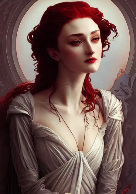 Image similar to sansa vampire, intricate, elegant, highly detailed, digital painting, artstation, concept art, smooth, sharp focus, illustration, art by artgerm and greg rutkowski and alphonse mucha and william - adolphe bouguereau