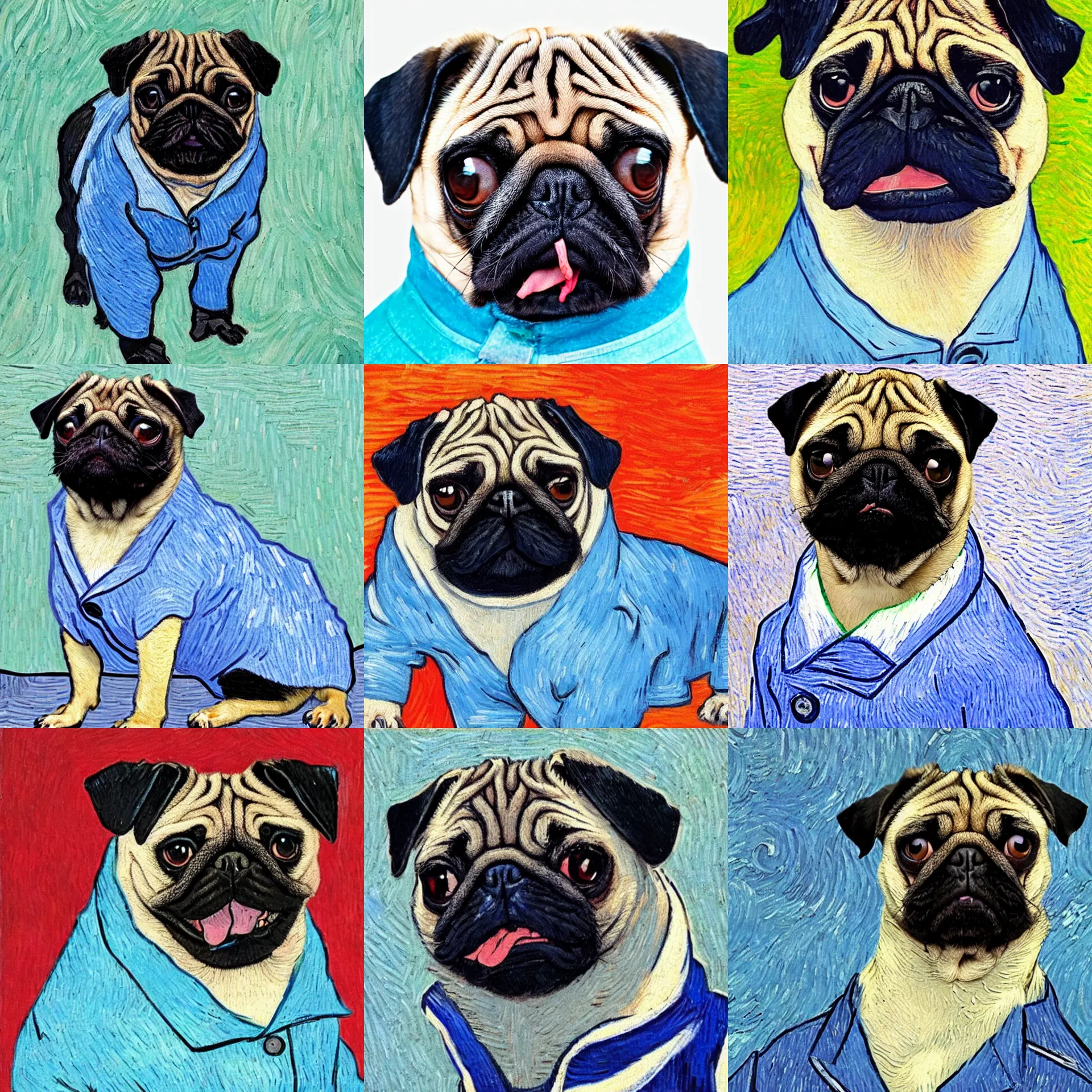 Prompt: a confused pug sticking his tongue out, wearing a blue jacket and white shirt, in the style of Van Gogh