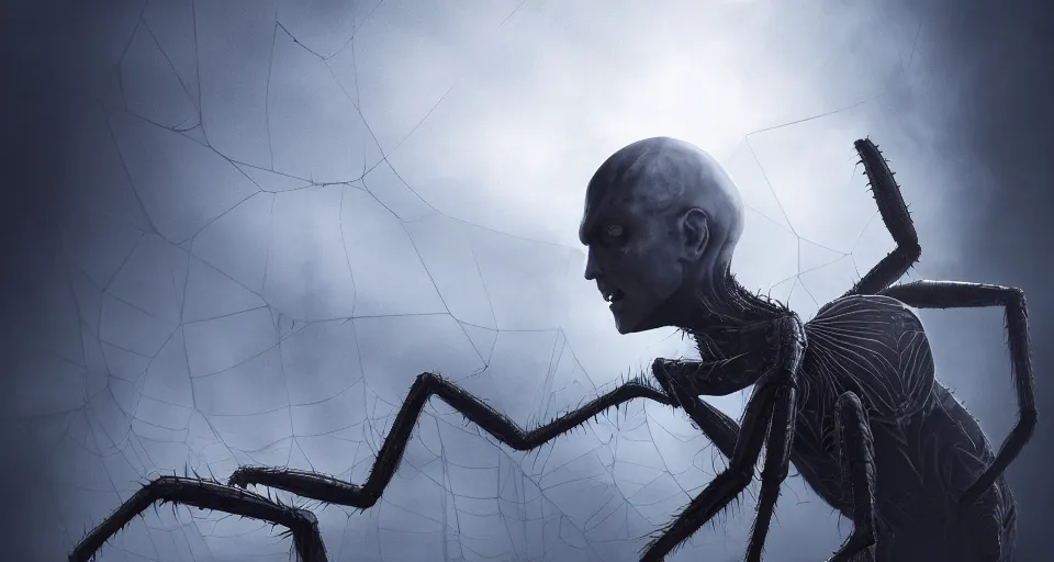 Prompt: a creature with the head of Tobey Maguire and a body of a giant spider. Digital art, dark, fantasy, epic, dramatic, volumetric lighting, trending on artstation, detailed, 8k