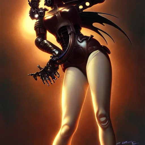 Image similar to battle angel Alita, dark fantasy, medium shot, intricate, elegant, highly detailed, digital painting, volumetric light, artstation, concept art, smooth, sharp focus, illustration, art by Gil Elvgren and Greg Rutkowski and Alphonse Mucha