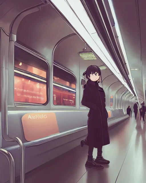 Image similar to a lonely girl sitting on the new york subway, full shot, ambient lighting, detailed face, by makoto shinkai, stanley artgerm lau, wlop, rossdraws