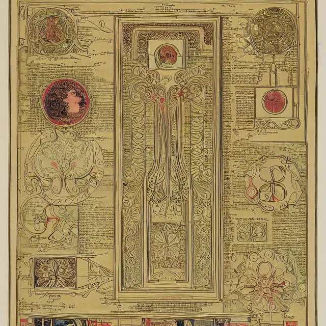 Prompt: detailed, intricate technical drawings on parchment from 1 8 4 0, accented with color, with labels and notes, for a beautiful, symmetric, art deco plotter printer, by ron cobb and alphonse mucha